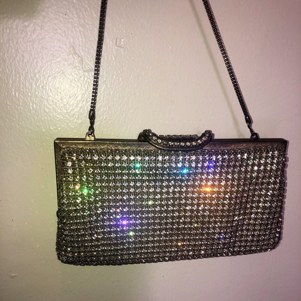 Austrian crystal evening bag; clear stones metal frame: Walborg  vtg Hong Kong